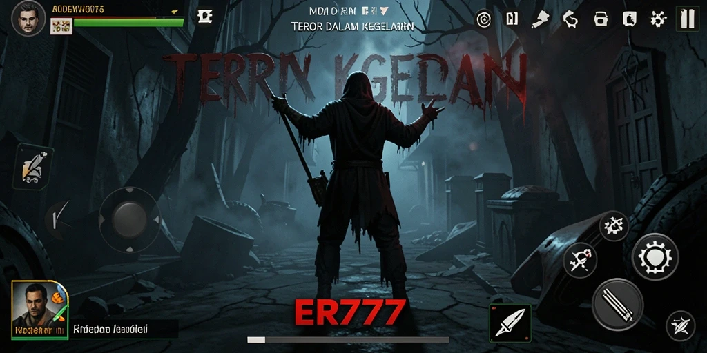 Screenshot gameplay ER777 menampilkan suasana menegangkan di dalam kegelapan.