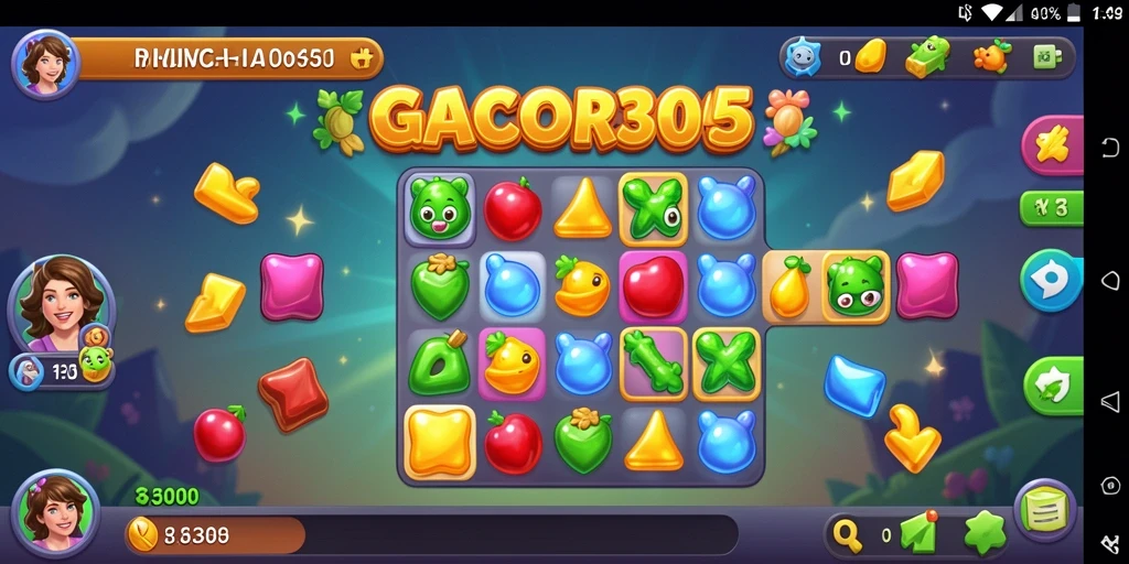 Screenshot utama GACOR305 menunjukkan gameplay Match-3 yang mengasyikkan dan penuh warna.