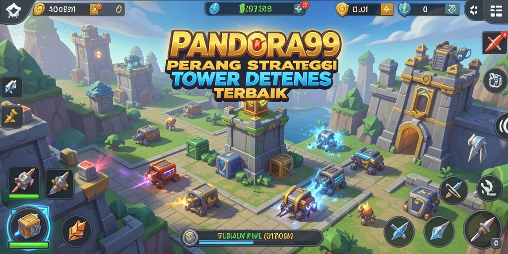 Tampilan gameplay menegangkan dari <strong>PANDORA99</strong> di medan pertempuran Tower Defense.
