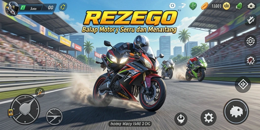 Screenshot utama REZEGO menampilkan aksi balap motor yang seru.