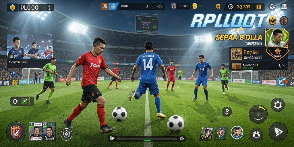 Tampilan utama gameplay RPLOOT dengan aksi sepak bola yang intens.